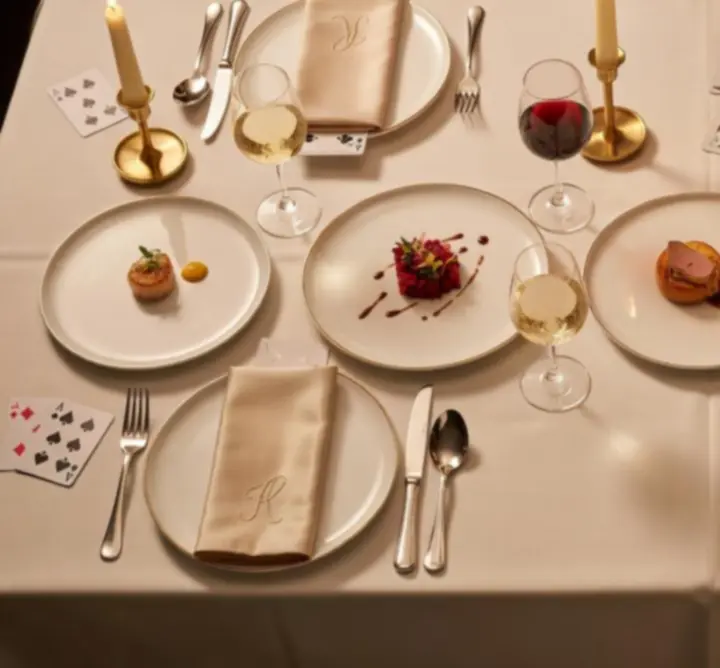 Stół z elegancko podanym menu degustacyjnym w nastrojowym oświetleniu